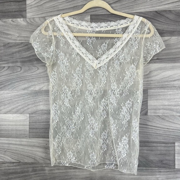 Lace Top Womens L Beige Sheer Cottagecore Short Sleeve Gypsy Festival Fairy Boho - Picture 2 of 8